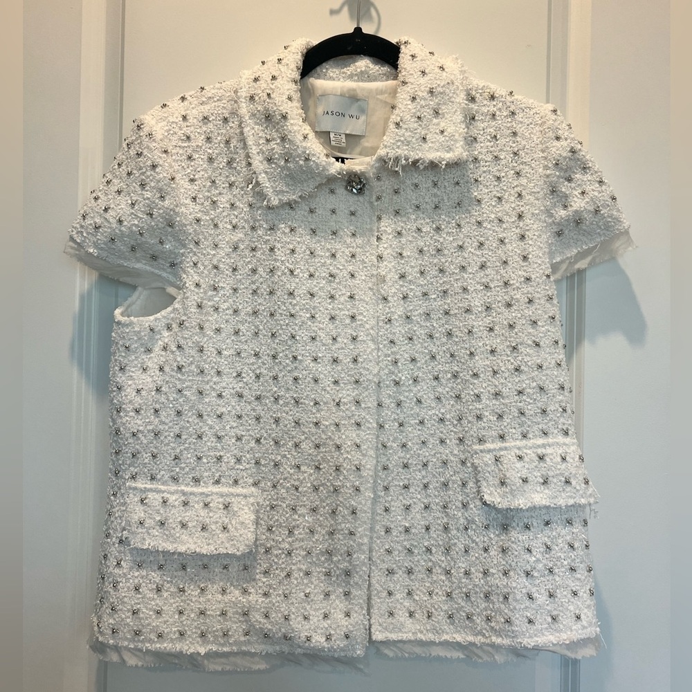 Jason Wu Pearl Beaded Tweed Jacket Ivory White Embellished Blazer Medium